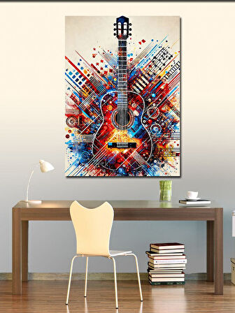 Kanvas Tablo Renkli Gitar ve Soyut Çizgiler