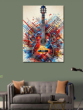 Kanvas Tablo Renkli Gitar ve Soyut Çizgiler