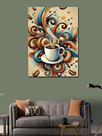 Kanvas Tablo Buharlı Kahve ve Sanatsal Çizgiler