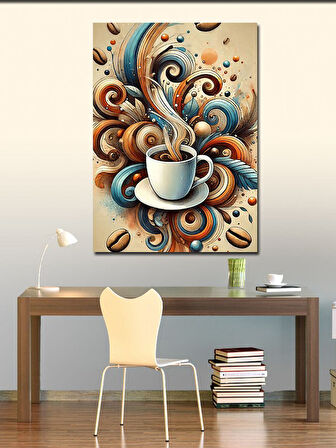 Kanvas Tablo Buharlı Kahve ve Sanatsal Çizgiler
