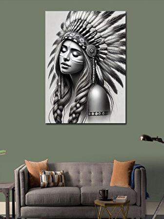 Kanvas Tablo Kızılderili Kadın ve Geleneksel Motifler