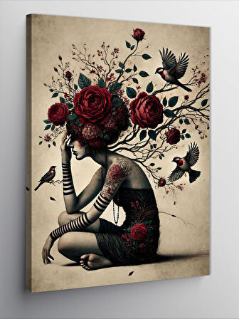 Kanvas Tablo Gül ve Çiçeklerle Kadın Silüeti