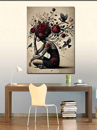Kanvas Tablo Gül ve Çiçeklerle Kadın Silüeti