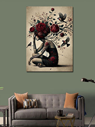 Kanvas Tablo Gül ve Çiçeklerle Kadın Silüeti