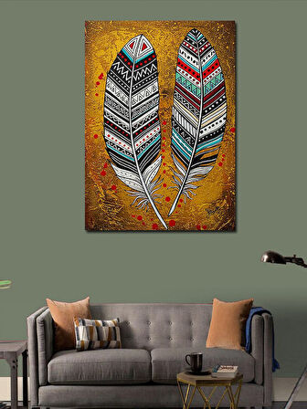 Kanvas Tablo Renkli Tüyler ve Kabile Simgesi