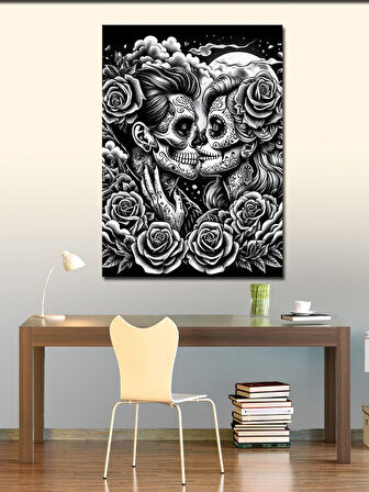 Kanvas Tablo Kafatası Aşıkları ve Gül Motifi