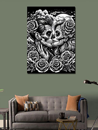 Kanvas Tablo Kafatası Aşıkları ve Gül Motifi