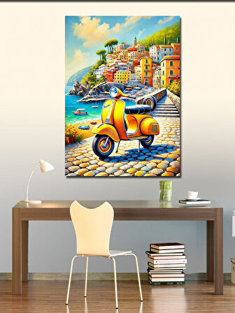 Kanvas Tablo Sarı Vespa ve Akdeniz Sokakları