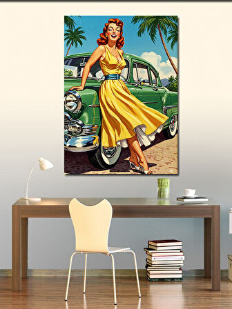 Kanvas Tablo Retro Kadın ve Klasik Araba