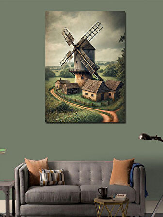 Kanvas Tablo Yel Değirmeni ve Pastoral Manzara