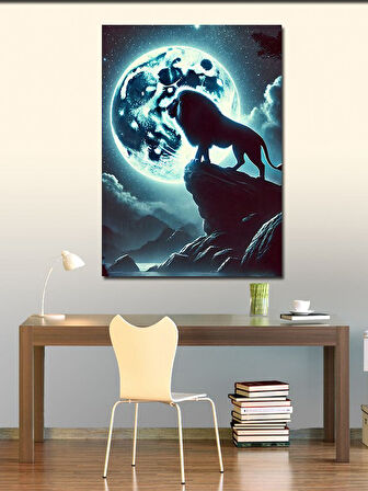 Kanvas Tablo Ayışığında Aslan ve Dağlar