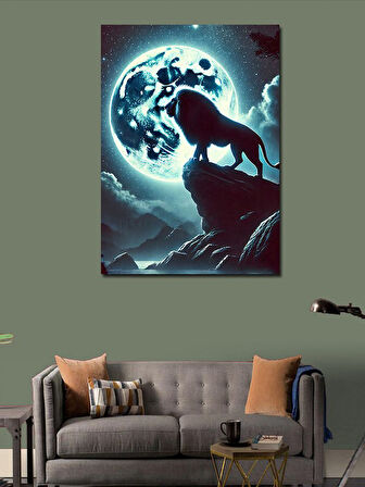 Kanvas Tablo Ayışığında Aslan ve Dağlar