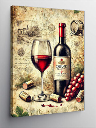Kanvas Tablo Şarap Şişesi ve Antik Çizim