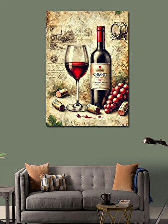 Kanvas Tablo Şarap Şişesi ve Antik Çizim