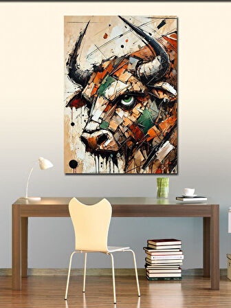 Kanvas Tablo Boğa ve Soyut Fırça Darbeleri