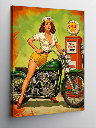 Kanvas Tablo Retro Kadın ve Klasik Motorsiklet