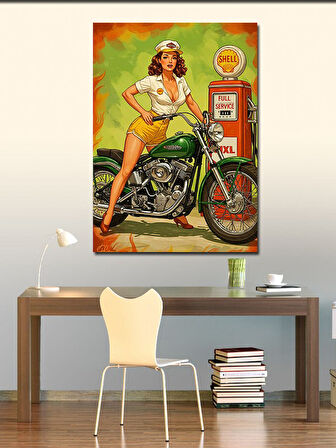 Kanvas Tablo Retro Kadın ve Klasik Motorsiklet