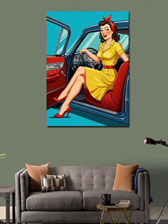 Kanvas Tablo Retro Araba ve Sarı Elbiseli Kadın