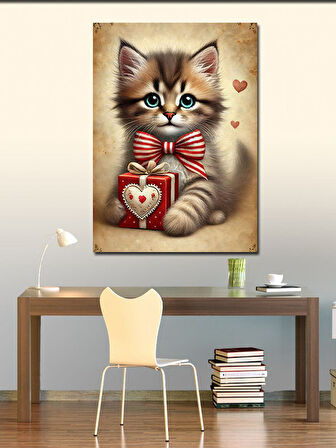 Kanvas Tablo Sevimli Kedi ve Hediye Kutusu