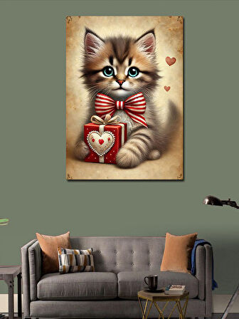 Kanvas Tablo Sevimli Kedi ve Hediye Kutusu