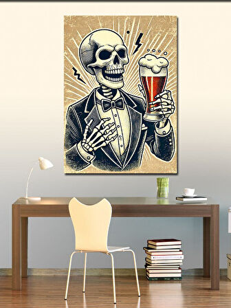 Kanvas Tablo İskelet Şövalye ve Birayla Kutlama