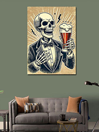 Kanvas Tablo İskelet Şövalye ve Birayla Kutlama