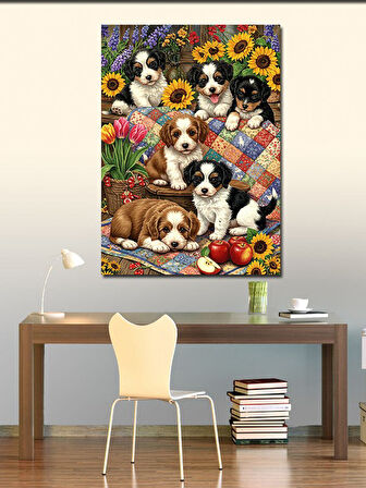 Kanvas Tablo Yavru Köpekler ve Çiçek Bahçesi