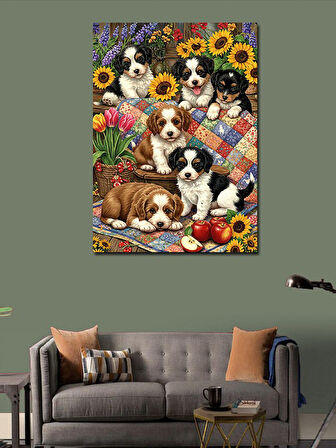 Kanvas Tablo Yavru Köpekler ve Çiçek Bahçesi