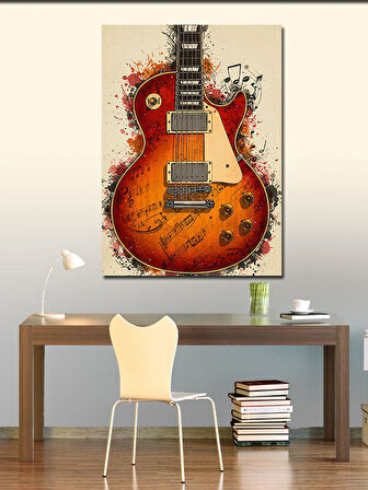 Kanvas Tablo Turuncu Elektro Gitar ve Notalar