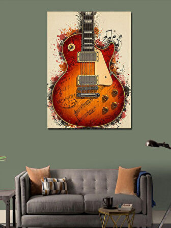 Kanvas Tablo Turuncu Elektro Gitar ve Notalar