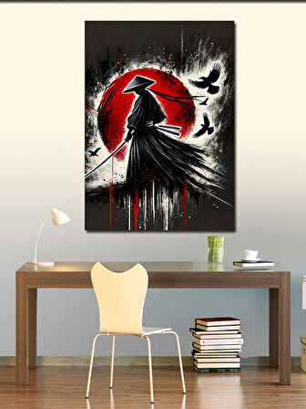 Kanvas Tablo Samuray Silueti ve Kırmızı Güneş