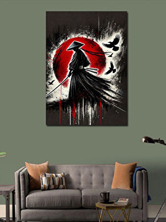 Kanvas Tablo Samuray Silueti ve Kırmızı Güneş