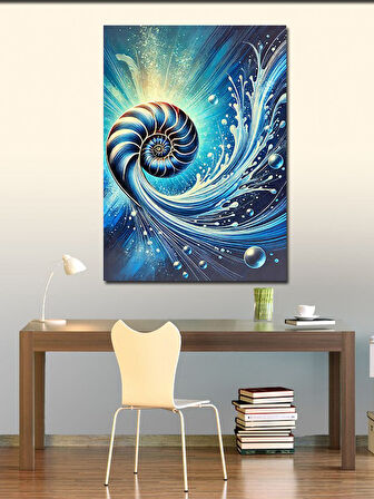 Kanvas Tablo Spiral Deniz Kabuğu ve Soyut Dalga