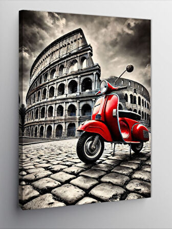 Kanvas Tablo Kırmızı Vespa ve Roma Kolezyumu