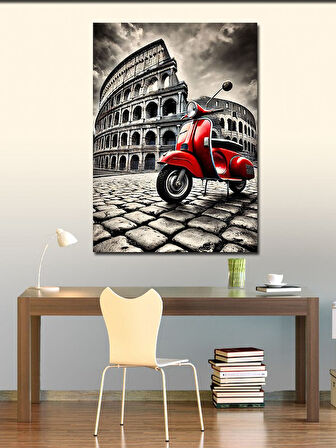 Kanvas Tablo Kırmızı Vespa ve Roma Kolezyumu