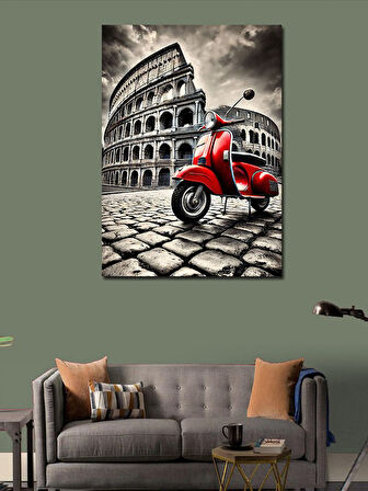 Kanvas Tablo Kırmızı Vespa ve Roma Kolezyumu