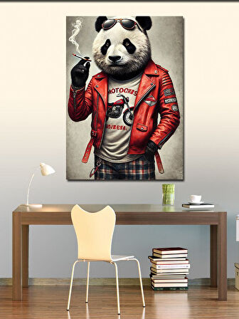 Kanvas Tablo Derin Düşünceli Panda ve Motosiklet Teması