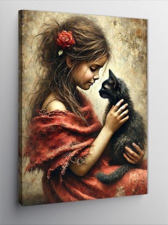 Kanvas Tablo Kara Kedi ve Kız Çocuğu