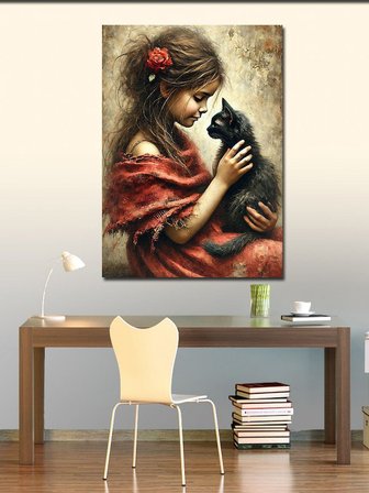 Kanvas Tablo Kara Kedi ve Kız Çocuğu