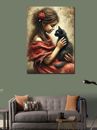 Kanvas Tablo Kara Kedi ve Kız Çocuğu