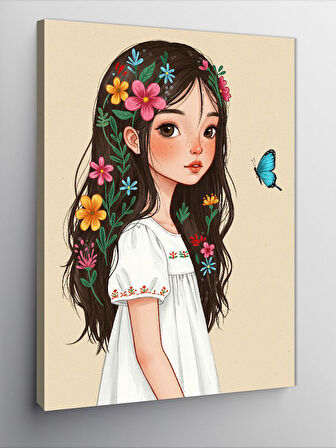 Kanvas Tablo Çiçekli Kız Çocuğu Ve Kelebek