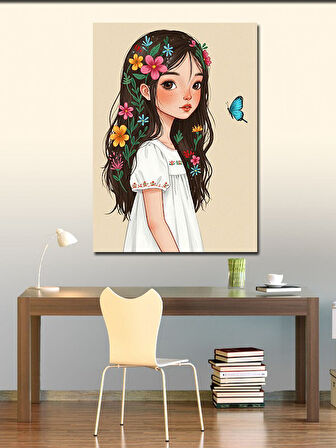 Kanvas Tablo Çiçekli Kız Çocuğu Ve Kelebek