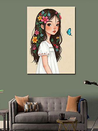 Kanvas Tablo Çiçekli Kız Çocuğu Ve Kelebek