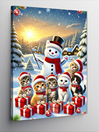 Kanvas Tablo Kardan Adam Kediler Yılbaşı Kutlaması