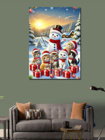 Kanvas Tablo Kardan Adam Kediler Yılbaşı Kutlaması