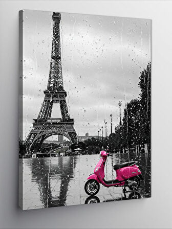 Kanvas Tablo Eyfel Kulesi Ve Yağmurda Pembe Motosiklet