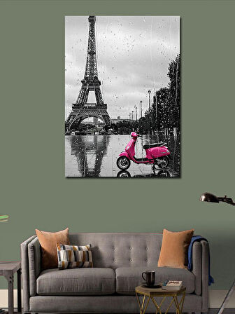 Kanvas Tablo Eyfel Kulesi Ve Yağmurda Pembe Motosiklet