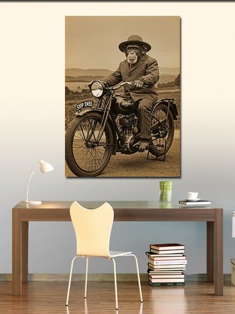 Kanvas Tablo Retro Motosiklet Süren Maymun