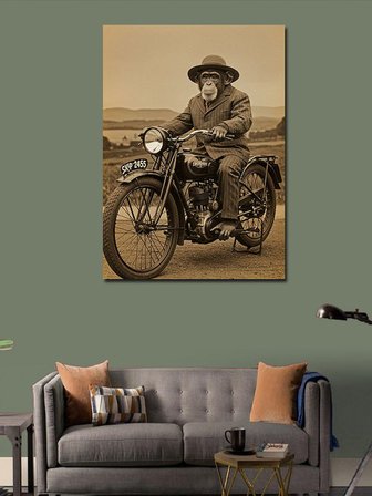 Kanvas Tablo Retro Motosiklet Süren Maymun