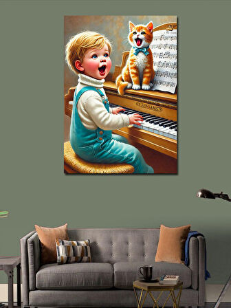Kanvas Tablo Piyano Çalan Çocuk Ve Kedi